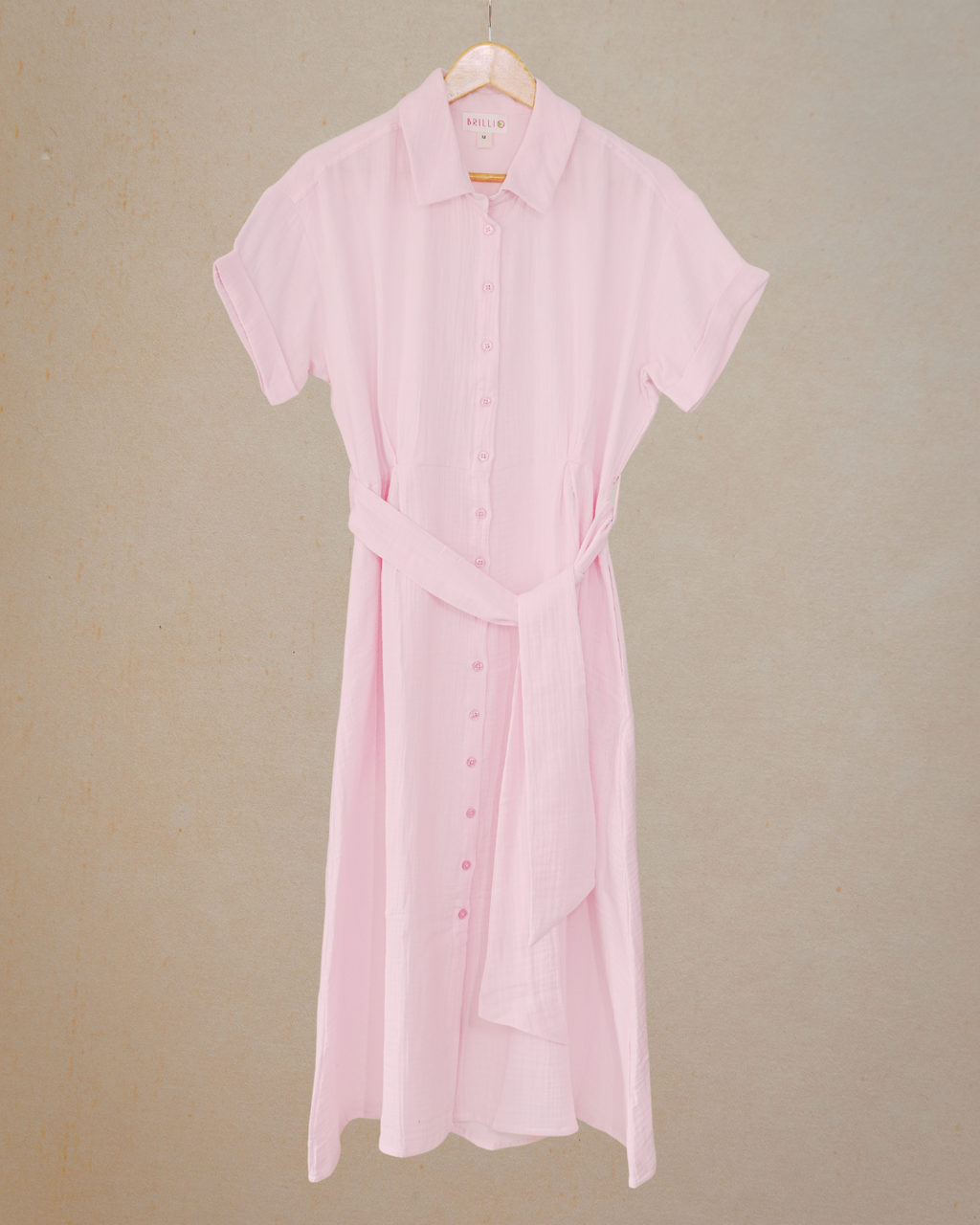 Muslin Cotton Collared Midi Dress - Pastel Pink