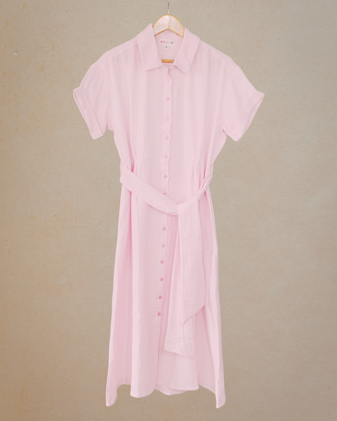 Muslin Cotton Collared Midi Dress - Pastel Pink