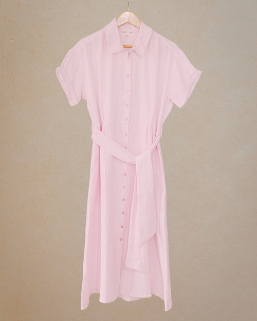 Muslin Cotton Collared Midi Dress - Pastel Pink