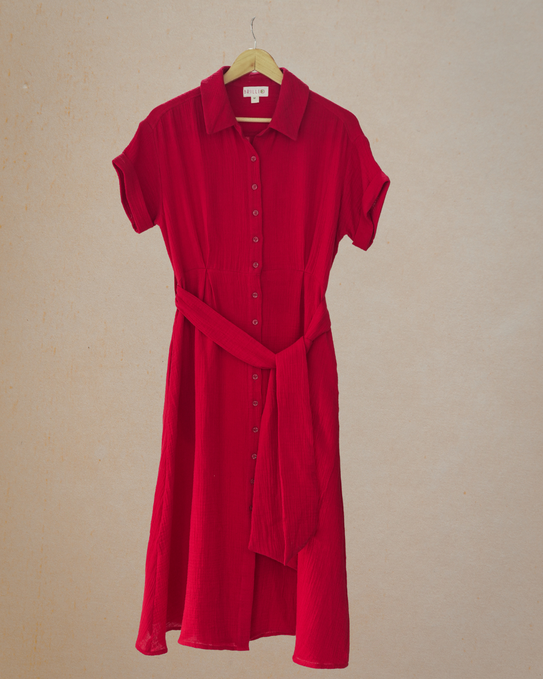 Muslin Cotton Collared Midi Dress - Crimson Red