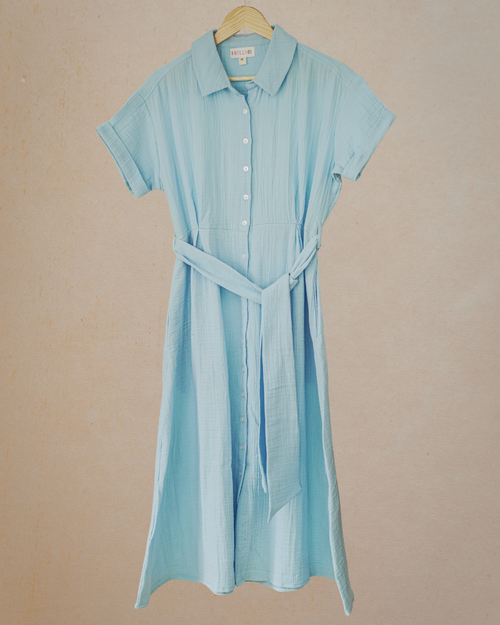 Muslin Cotton Collared Midi Dress – Powder Blue