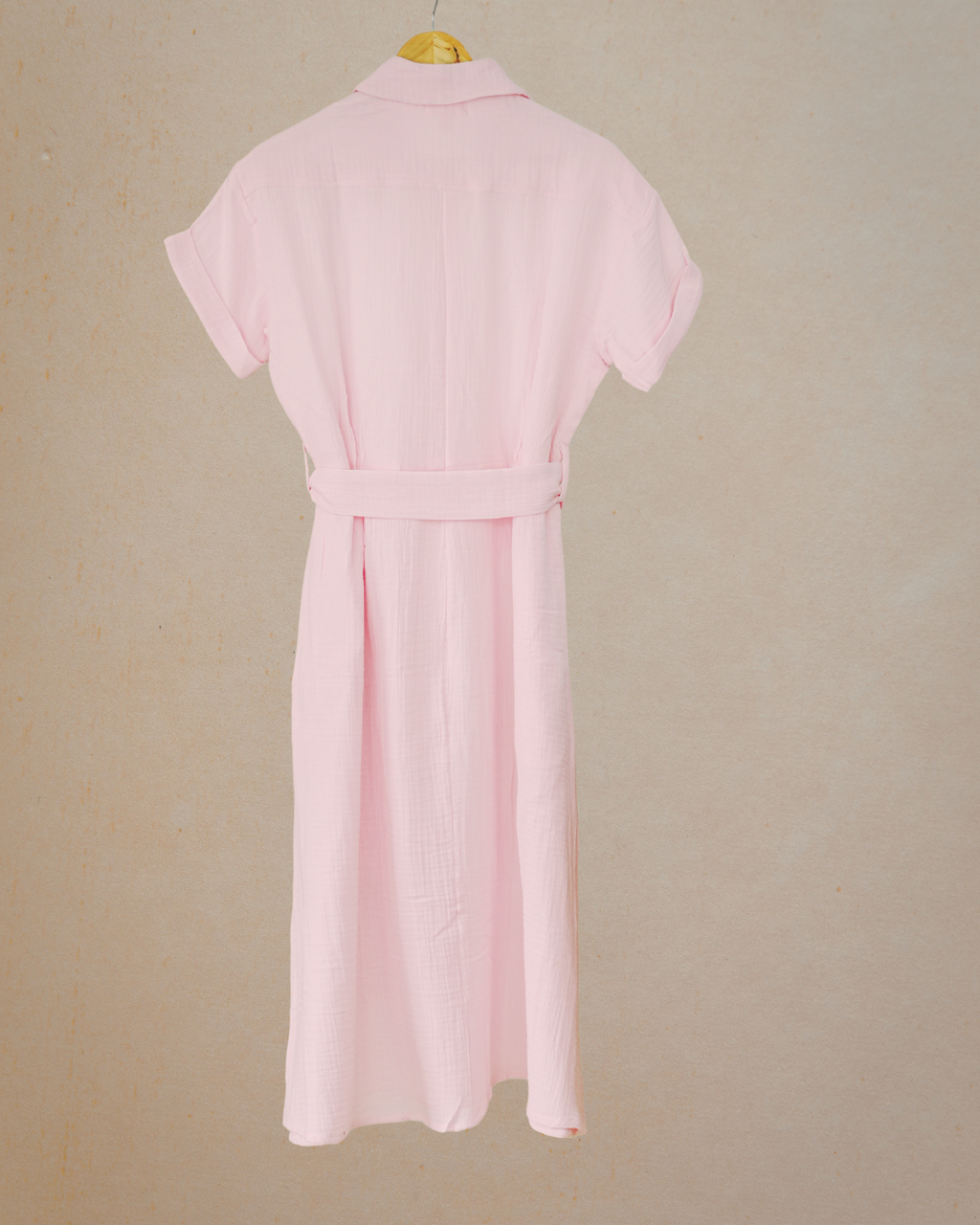 Muslin Cotton Collared Midi Dress - Pastel Pink
