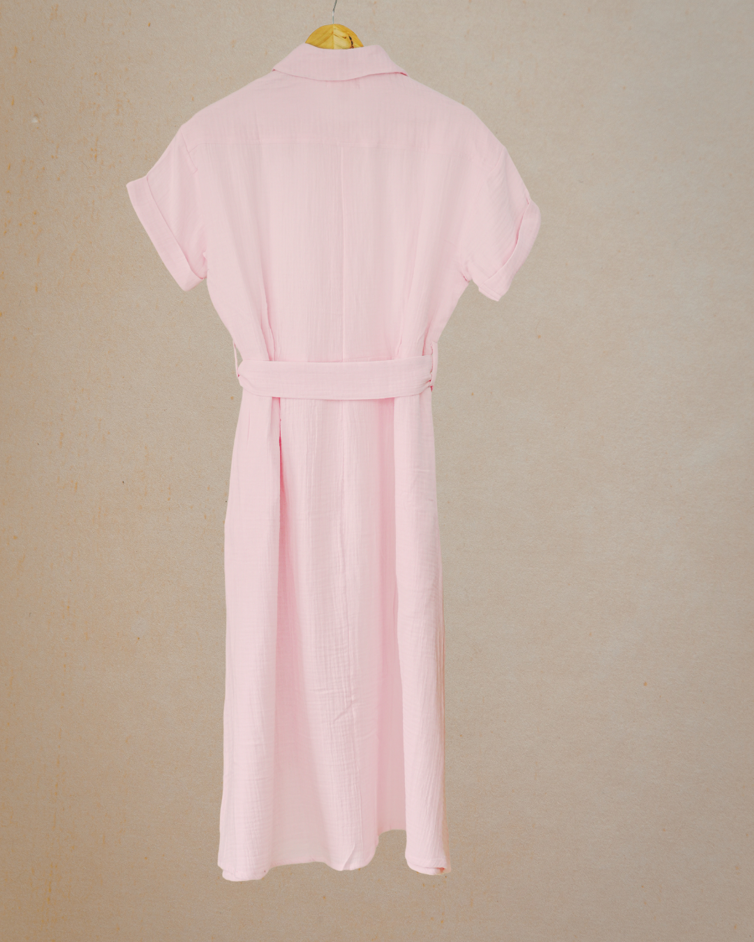 Muslin Cotton Collared Midi Dress - Pastel Pink