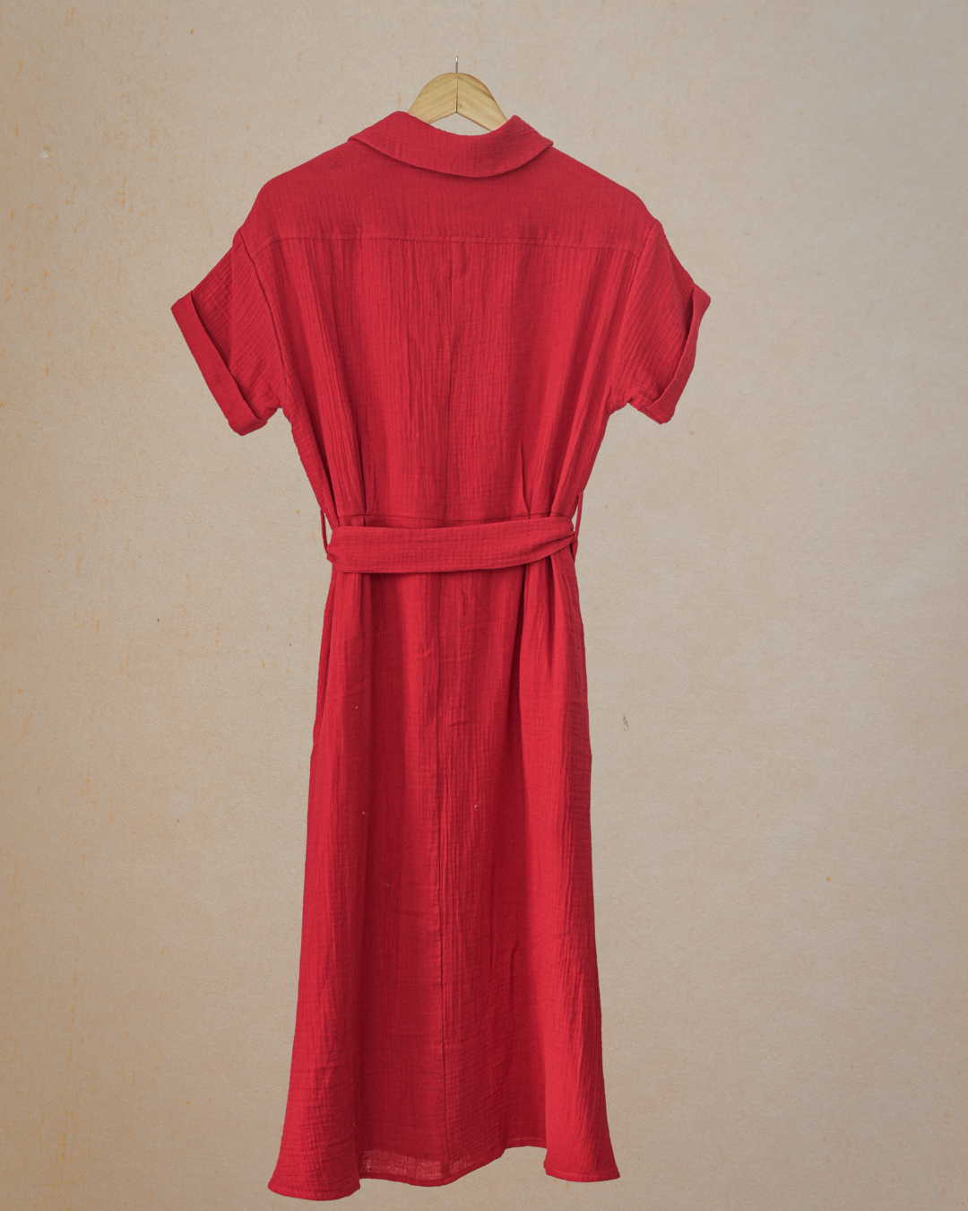 Muslin Cotton Collared Midi Dress - Crimson Red
