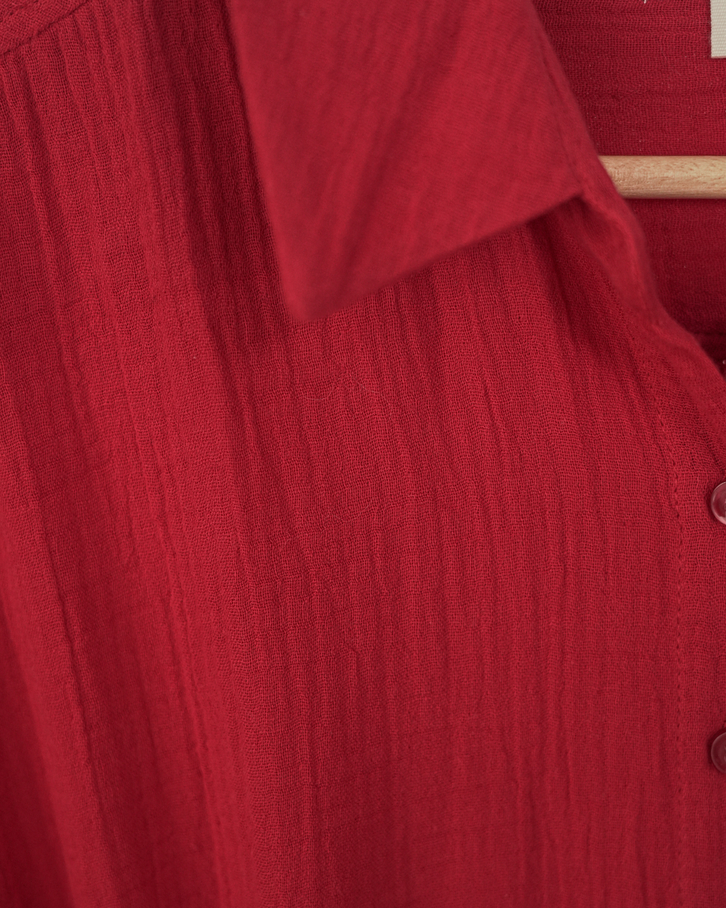 Muslin Cotton Collared Midi Dress - Crimson Red