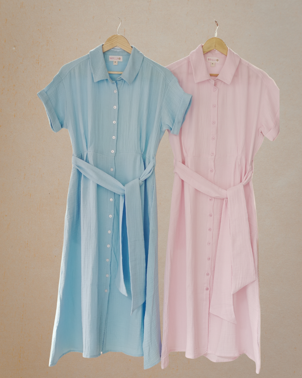 Muslin Cotton Collared Midi Dress - Pastel Pink