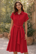Muslin Cotton Collared Midi Dress - Crimson Red