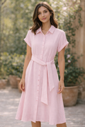Muslin Cotton Collared Midi Dress - Pastel Pink