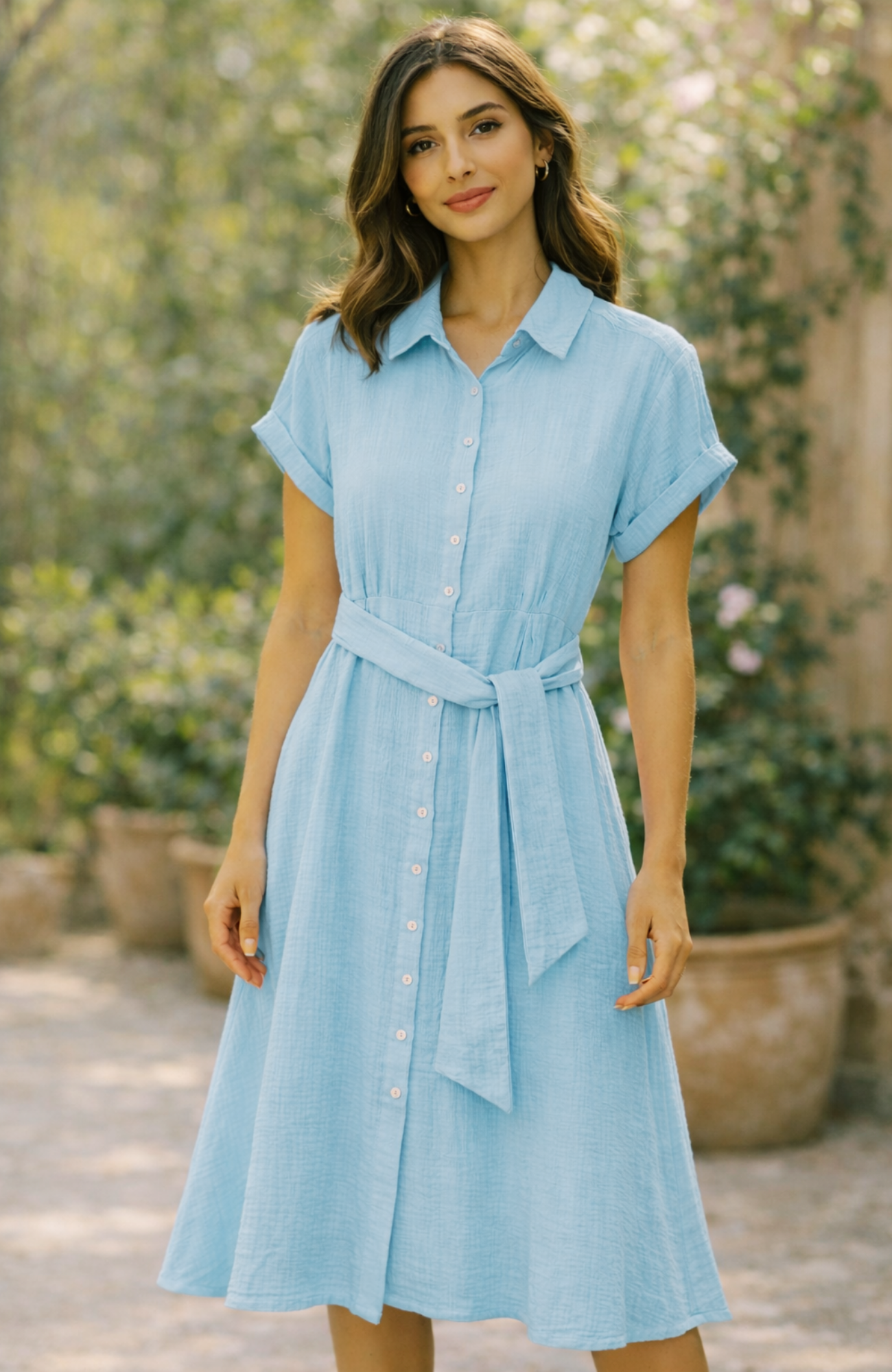 Muslin Cotton Collared Midi Dress – Powder Blue
